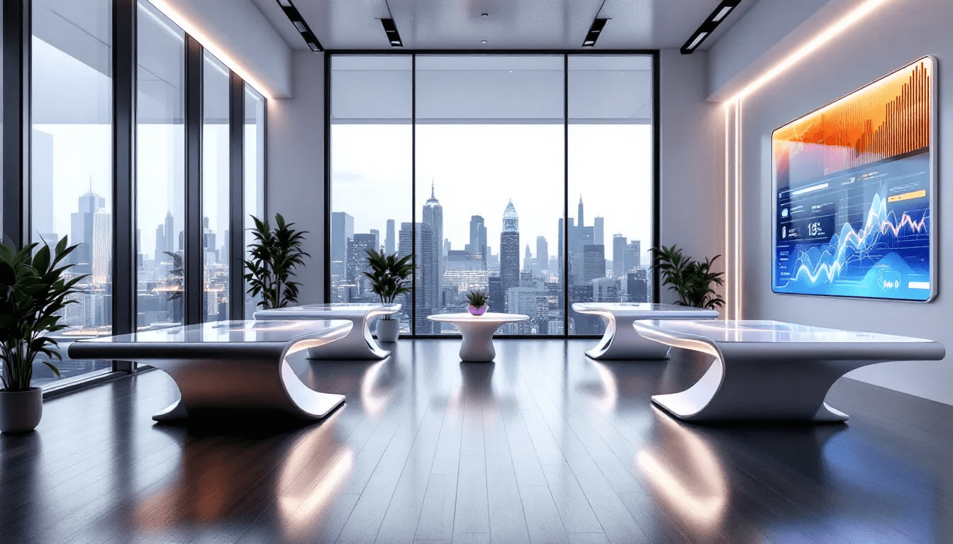 An overview of a virtual office setup, showcasing a sleek workspace.