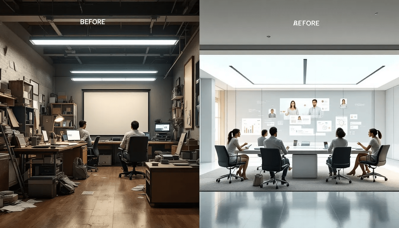 Transitioning from a physical office to a virtual office illustrated with before and after scenarios.